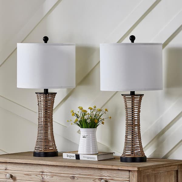 Heideman 26 in. Beige Rattan-Woven Bedside Table Lamp Comes with White Linen Lampshade