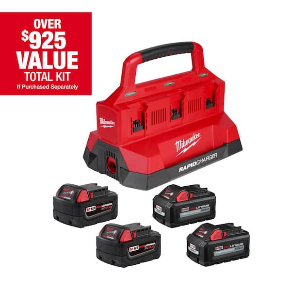 M18 18-Volt Lithium-Ion Battery Pack (2) 5.0Ah and High Output Battery Pack (2) 6.0Ah with PACKOUT 6-Port Rapid Charger