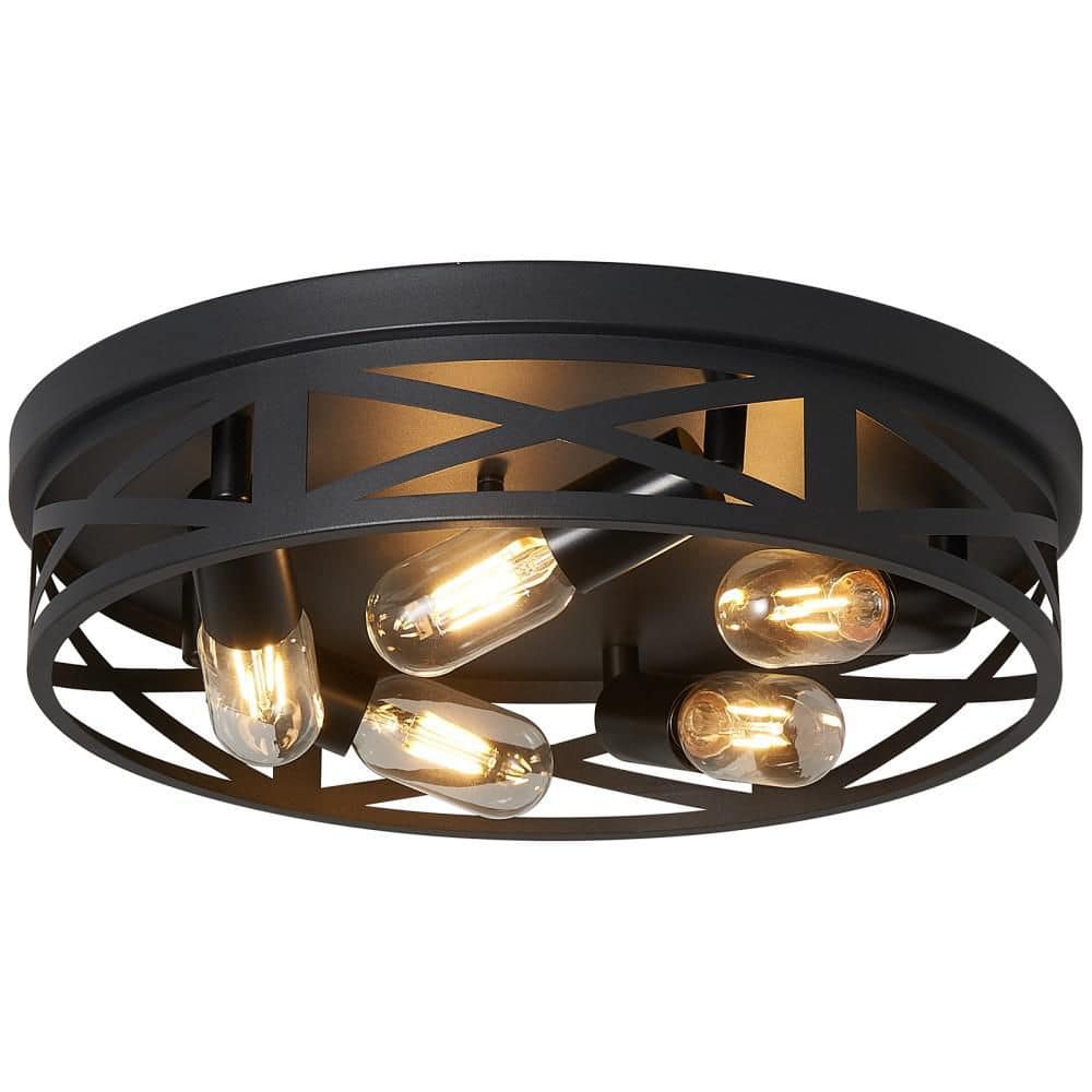 16.54 in. 5-Light Farmhouse Matte Black Round Metal Cage Flush Mount Ceiling Light for Hallway Kitchen Bedroom price history on PriceWatchPro
