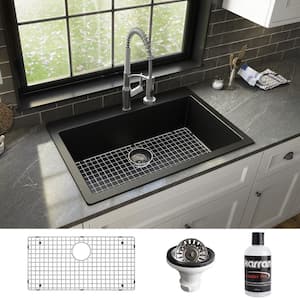 33 in. Large Single Bowl Drop-In Kitchen Sink in Black with Bottom Grid and Strainer