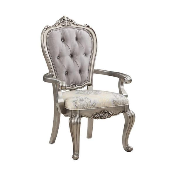 Benjara Platinum, Taupe and Beige Velvet Button Tufted Back Dining Armchair (Set of 2)