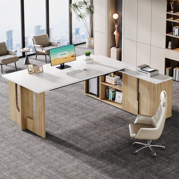 Lanit 74.8 in. L-Shaped Brown White Home Office Computer Executive Desk Workstation Set Cabinet Shelves CPU Storage