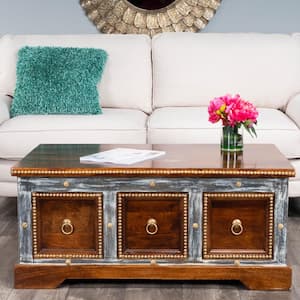Tennor 39.25 in. Medium Brown Rectangular Wood Hand Painted Coffee Table with 3 Storage Drawers