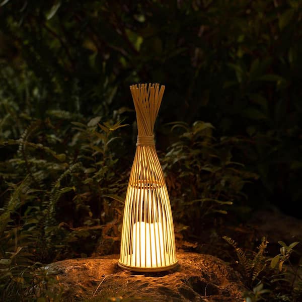 WICKERWISE Hand-Woven Tall Bamboo LED Floor Lantern-Bohemian