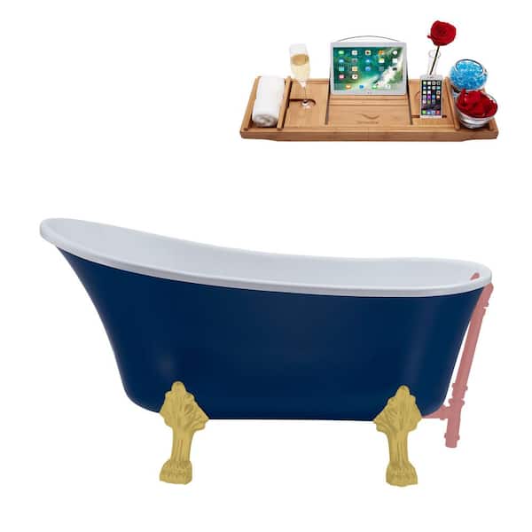 Streamline 55 in. x 26.8 in. Acrylic Clawfoot Soaking Bathtub in Matte Dark Blue with Brushed Gold Clawfeet and Matte Pink Drain