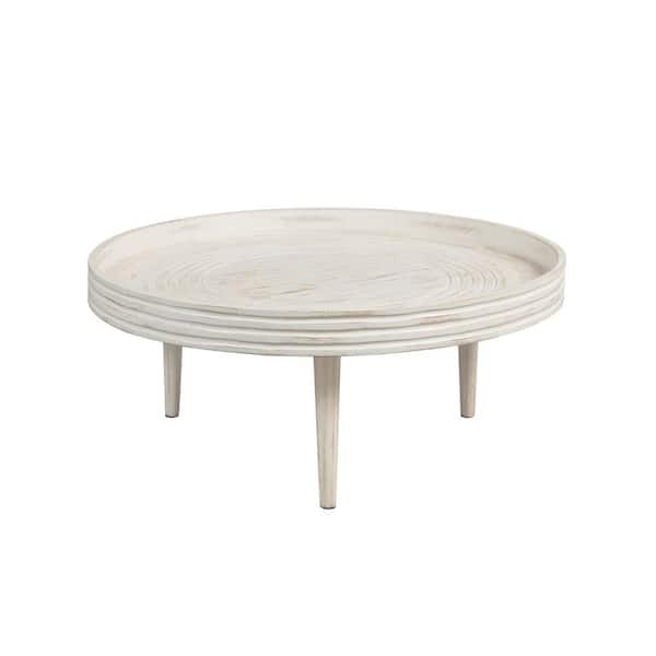 THE URBAN PORT 33 in. Distressed White Round Wood Coffee Table with Grooved Raised Edge