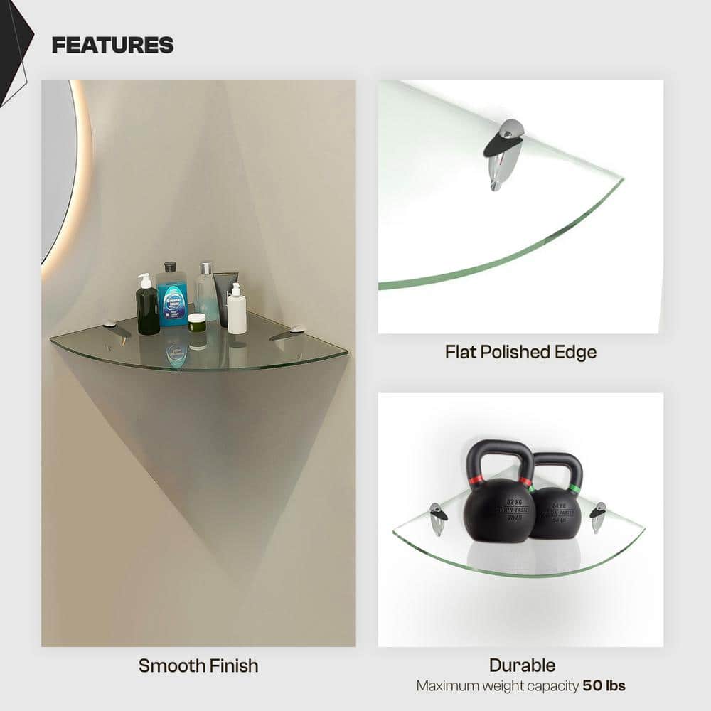 12" Clear Tempered Glass Floating Corner Shelf with Chrome Brackets