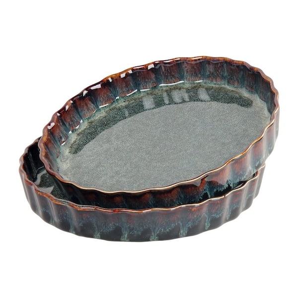 Reactive Glaze Ceramic Round Quiche Baking Dish 13.5 Ounces Non-Stick Pie Pan Oven Safe Ruffled Edge Set of 2