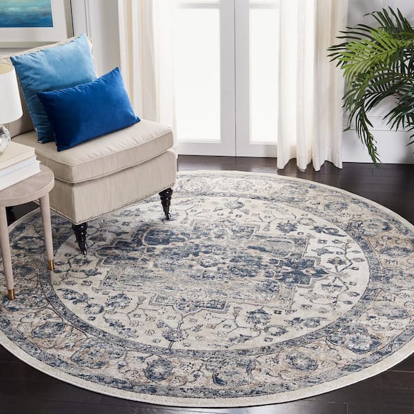 Oregon Ivory/Blue 4 ft. x 4 ft. Distressed Floral Round Area Rug
