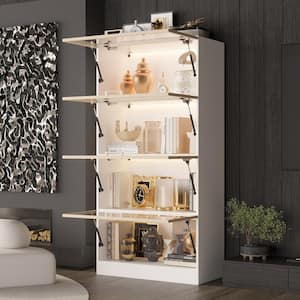 63 in. Tall White Wood 4-Shelf Bookcase Bookshelf with Flip up Glass Doors and 3-Color LED Lights