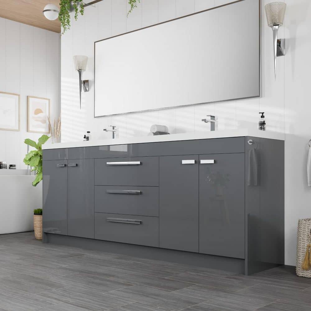 Eviva Lugano 84" Gray Modern Freestanding Double Sink Vanity with Acrylic Top