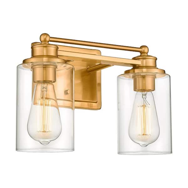 JAZAVA Farmhouse 13.6 in. 2-Light Gold Bathroom Vanity Light with Clear Glass Shades