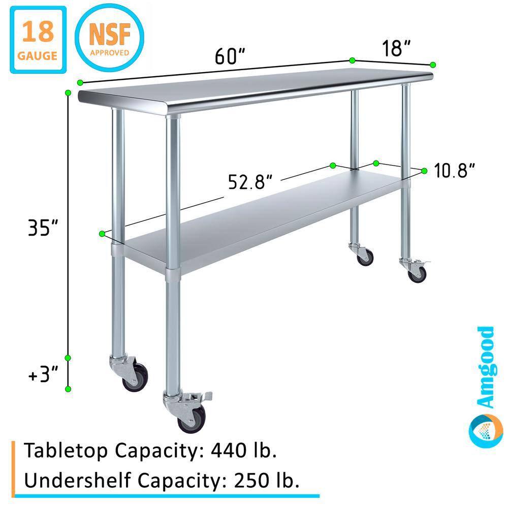 60" Stainless Steel Work Table with Galvanized Undershelf and Casters