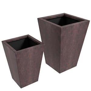 Serene 2-Piece Fiberstone and Clay Planter Set Tapered Square Weather Resistant Design with Drainage Holes (Brown)