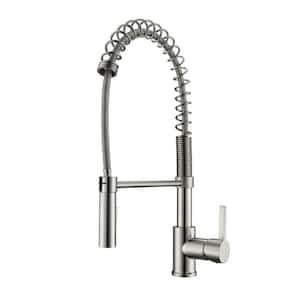 Nikita Single Handle Deck Mount Spring Gooseneck Pull Down Spray Kitchen Faucet with Lever Handle 1 in Brushed Nickel