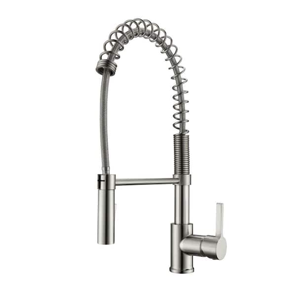 Barclay Products Nikita Single Handle Deck Mount Spring Gooseneck Pull Down Spray Kitchen Faucet with Lever Handle 1 in Brushed Nickel