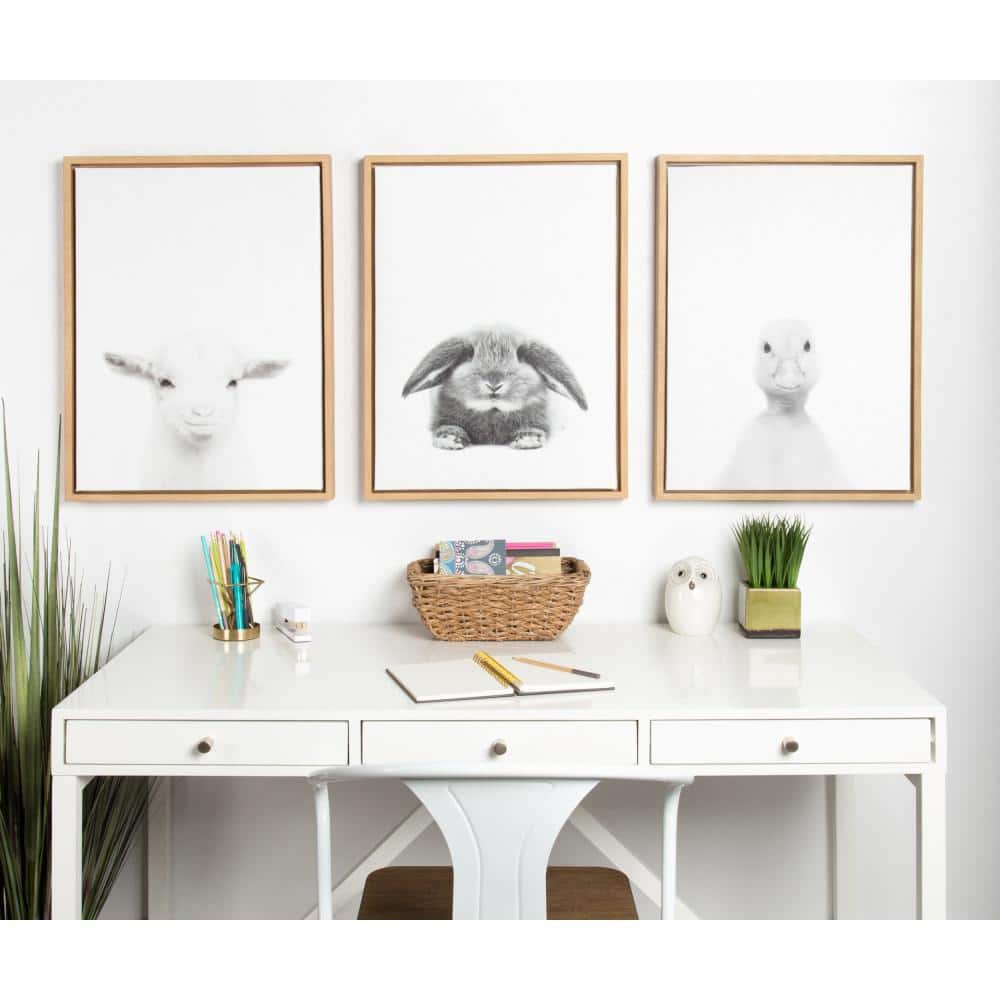 Natural Wood Framed Black and White Rabbit Canvas Art 24" x 18"