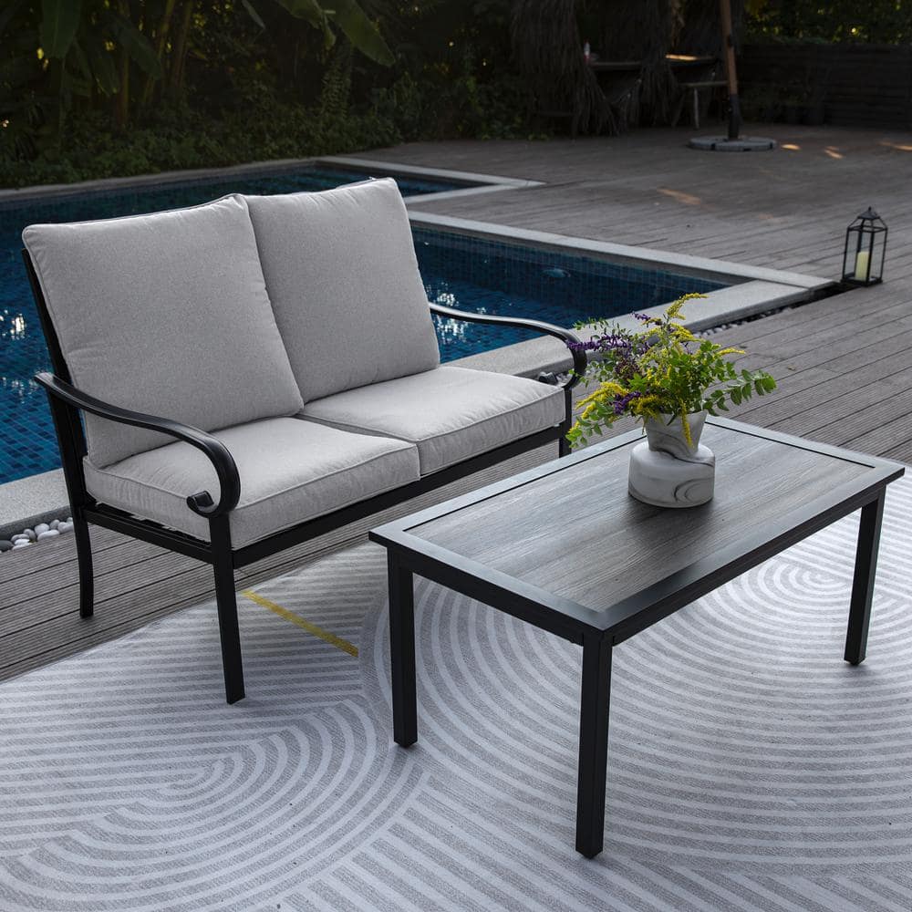 2-Piece Metal Outdoor Loveseat Sofa with Coffee Table, Gray Cushions, Outdo