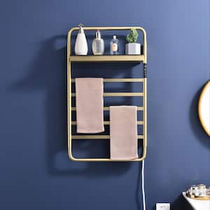 5-Bars Stainless Steel Wall Mounted Electric Towel Warmer Rack with Top Shelf in Golden Brushed