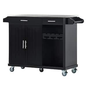 51 in. W Black MDF Stainless Steel Top Kitchen Cart Kitchen Island On Wheels with 2-Drawers and Goblet Holder