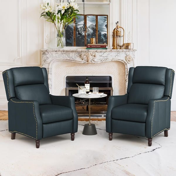 cozyman Lange 28 in. W Turquoise Genuine Leather Nailhead Trim Recliner Chair Arm Chair with Wooden Legs (Set of 2)