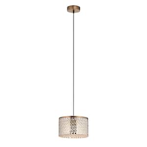 Janine 10 in. 1-Light Silver, White and Brass-Colored Shaded Pendant Lamp