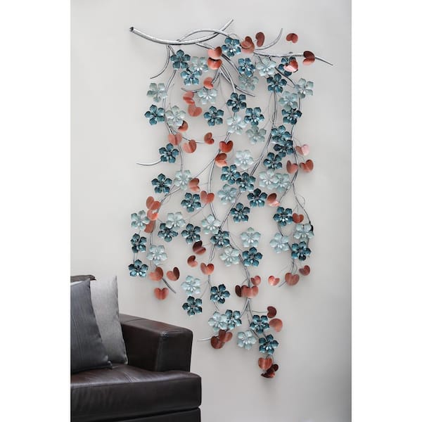 Litton Lane 73 in. x 42 in. Silver Metal Glam Flowers Wall Decor