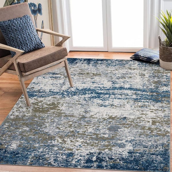 5 ft. x 7 ft. Blue Modern Abstract Pattern Washable Non-Slip Low