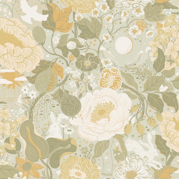 A-Street Prints Grey Vaxa Grey Rabbits and Rosehips Wallpaper Sample