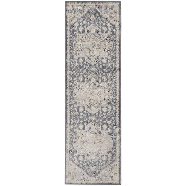 HomeRoots Ivory and Blue 2 ft. x 8 ft. Oriental Area Rug