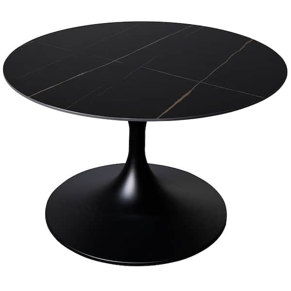 Verve 24 in. Black Round Sintered Stone Coffee Table with Stainless Steel Pedestal Base