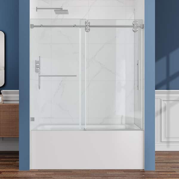 56-61 in. W x 66 in. H Single Sliding Frameless Tub Door in Brushed Nickel with 3/8 in. Clear Tempered Glass,1-Towel Bar