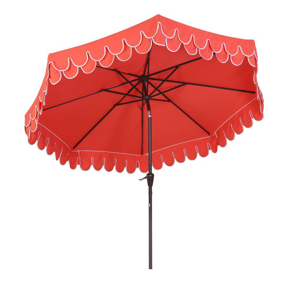 Coral Red 9 ft. Scalloped Fringe Patio Umbrella with Auto-Tilt
