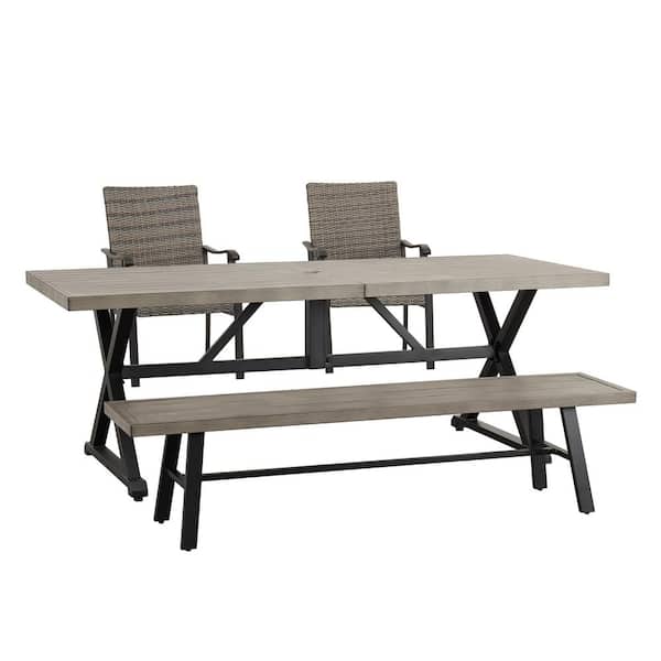 ULAX FURNITURE 4-Piece Metal Outdoor Dining Set with Rectangle Table, Steel Bench and 2 Armchairs