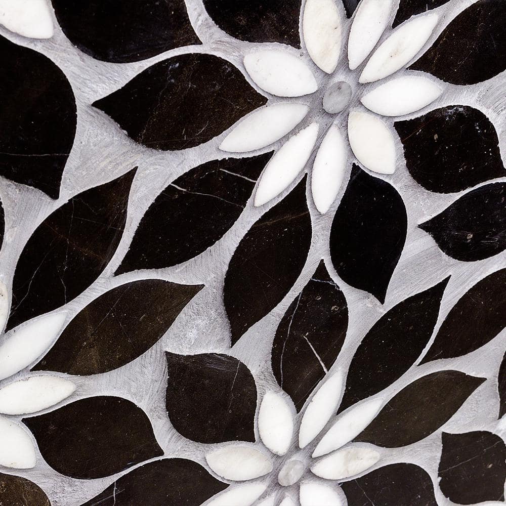 Thistle Black and White Polished Marble Mosaic Tile Sheet