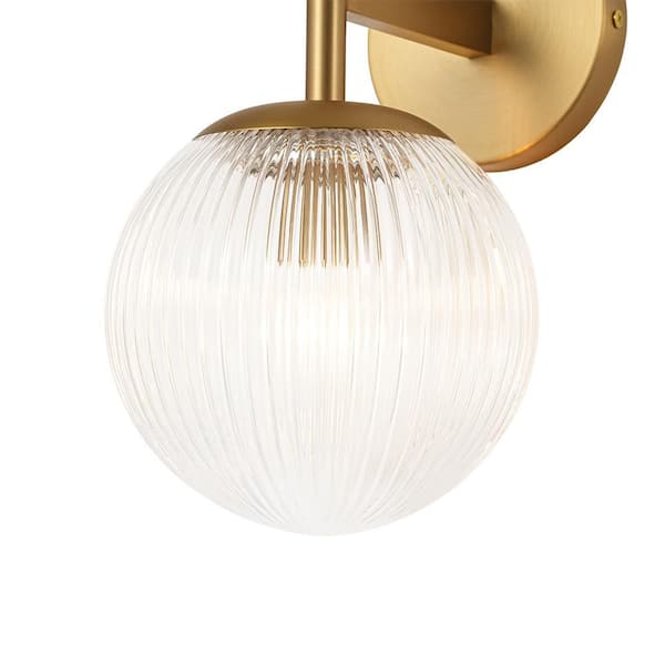 Noble 6.4 in. 1-Light Brushed Gold Vintage Industrial Wall Sconce with Round Clear Globe Ribbed Glass Shade