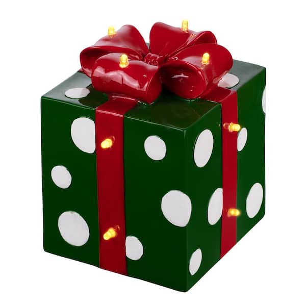 Haute Decor 6.5 in. Christmas Green Resin Present Lighted with Polka dots