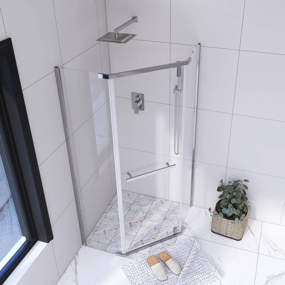 Chrome Semi Frameless Neo-Angle Pivot Shower Door with Clear Glass
