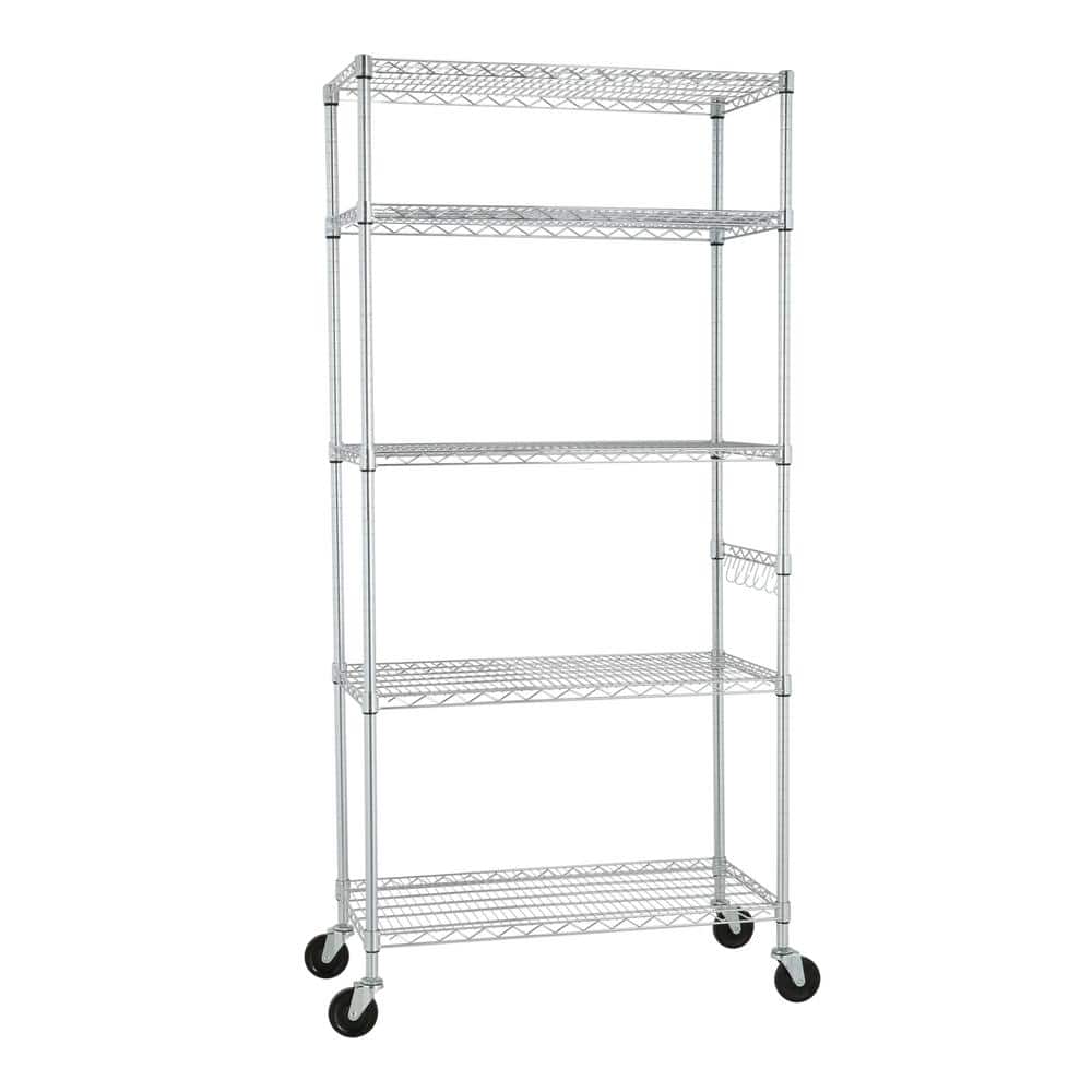 Adjustable Black 5-Tier Chrome Wire Shelving Unit with Hooks