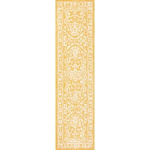 Malta Yellow/Cream 2 ft. x 10 ft. Bohemian Medallion Textured Weave Indoor/Outdoor Area Rug