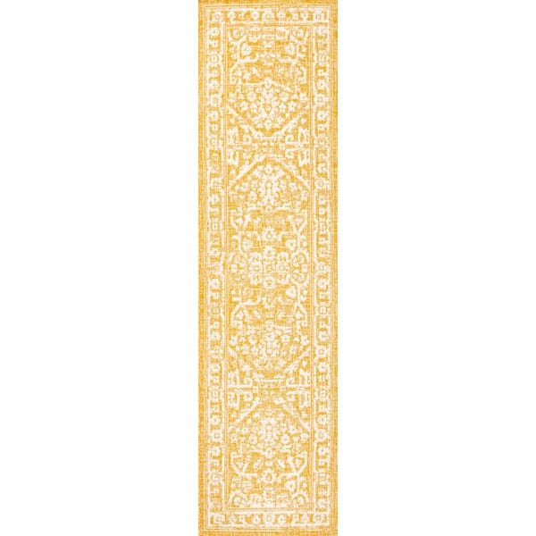 Malta Yellow/Cream 2 ft. x 10 ft. Bohemian Medallion Textured Weave Indoor/Outdoor Area Rug