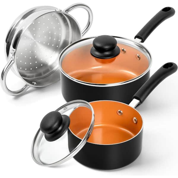 3-Piece Copper Finish Ceramic Nonstick Saucepan Set with Glass Lid and Steamer Insert, Dishwasher Safe