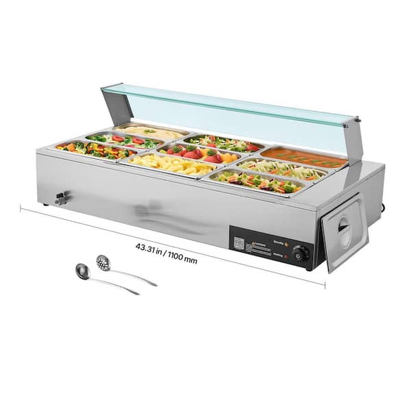 Commercial Food Warmer, 1500W Electric Stainless Steel Steam Food Warmer with Glass Cover, 9-Pan Countertop Buffet