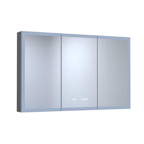 48 in. W x 30 in. H Rectangular Silver Aluminum Recessed/Surface Mount Medicine Cabinet with Mirror LED and Clock