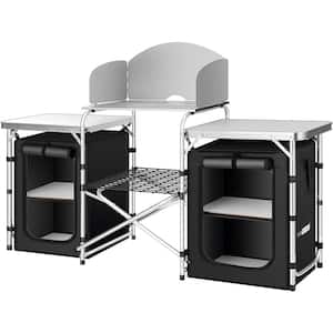 Folding Silver Camping Kitchen Table with Storage Organizer, Windscreen and Portable Cook Station