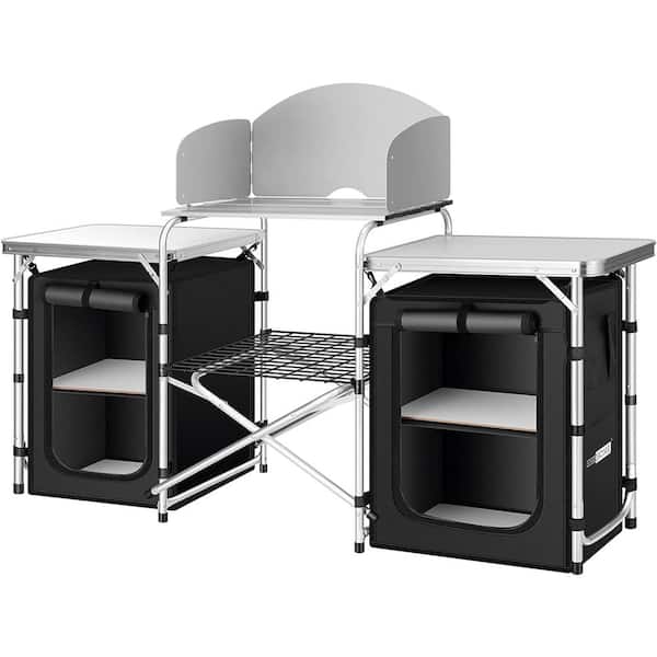 Folding Silver Camping Kitchen Table with Storage Organizer, Windscreen and Portable Cook Station