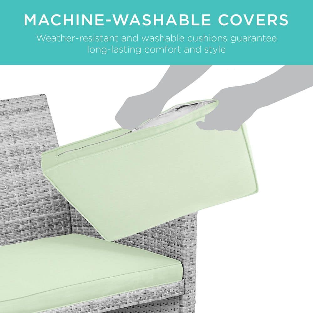 Gray Wicker 4-Piece Patio Conversation Set with Light Mint Cushions