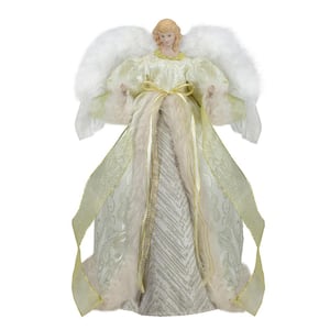 18 in. Lighted White and Gold Angel in a Dress Christmas Tree Topper - Warm White Lights