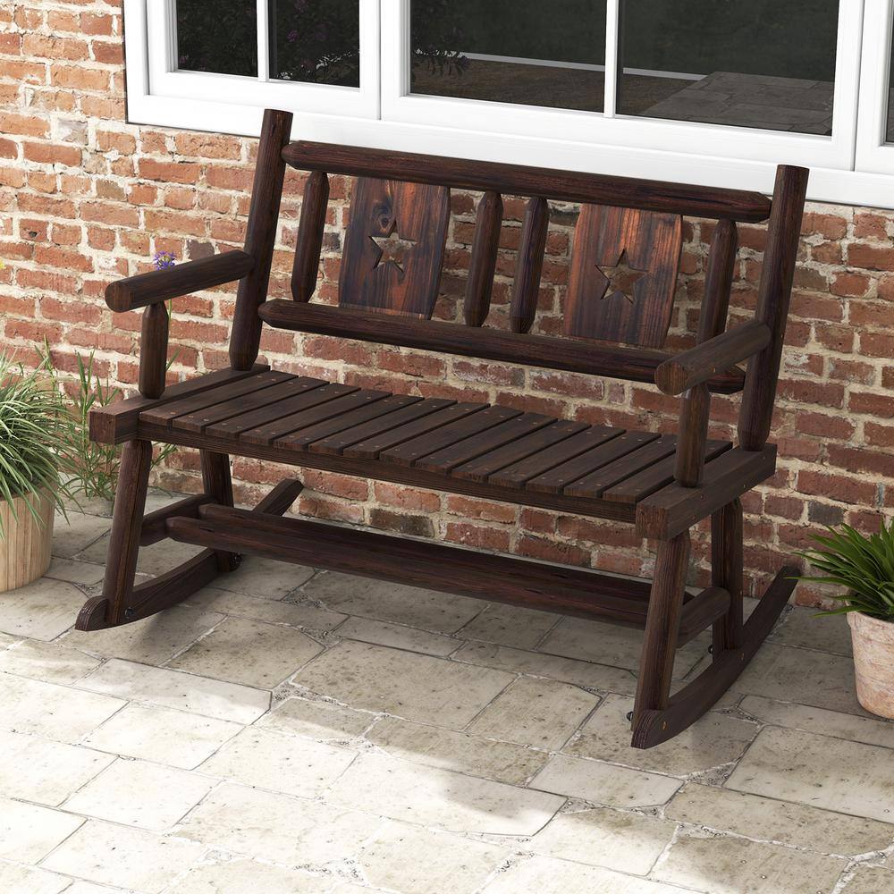 Rustic Brown Pine and Fir Wood 2-Person Outdoor Rocking Loveseat