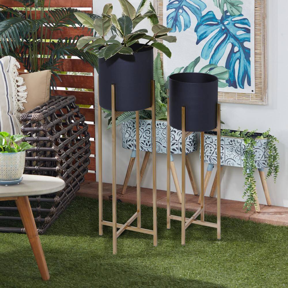 Set of 2 Black and Gold Metal Planters with Stands